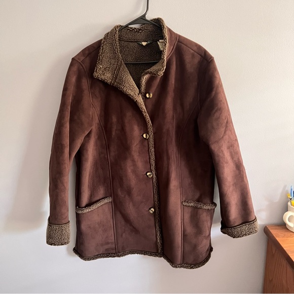 LL Bean Shearling Faux Suede Chocolate Brown Coat XL - Picture 1 of 5